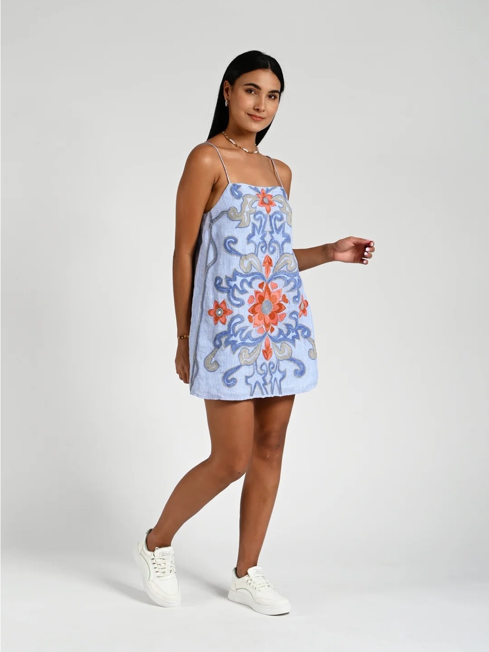 NEW Hand Beaded Light Blue Cotton Hazel Dress by Ollari, Size Medium